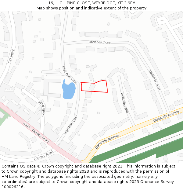 16, HIGH PINE CLOSE, WEYBRIDGE, KT13 9EA: Location map and indicative extent of plot