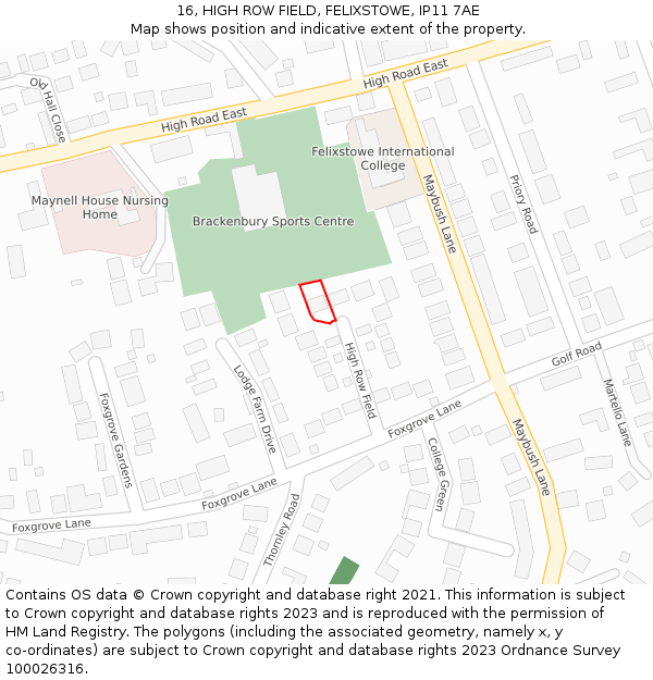 16, HIGH ROW FIELD, FELIXSTOWE, IP11 7AE: Location map and indicative extent of plot