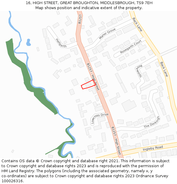 16, HIGH STREET, GREAT BROUGHTON, MIDDLESBROUGH, TS9 7EH: Location map and indicative extent of plot