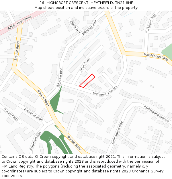 16, HIGHCROFT CRESCENT, HEATHFIELD, TN21 8HE: Location map and indicative extent of plot