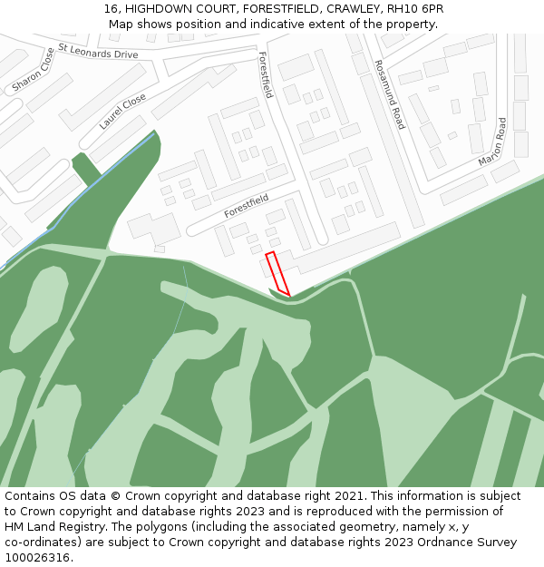 16, HIGHDOWN COURT, FORESTFIELD, CRAWLEY, RH10 6PR: Location map and indicative extent of plot