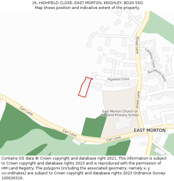 16, HIGHFIELD CLOSE, EAST MORTON, KEIGHLEY, BD20 5SG: Location map and indicative extent of plot