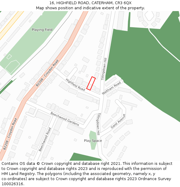 16, HIGHFIELD ROAD, CATERHAM, CR3 6QX: Location map and indicative extent of plot