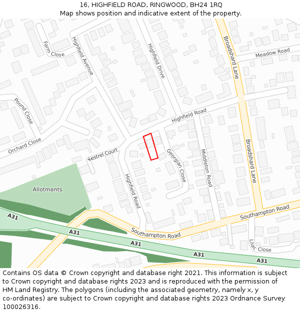 16, HIGHFIELD ROAD, RINGWOOD, BH24 1RQ: Location map and indicative extent of plot