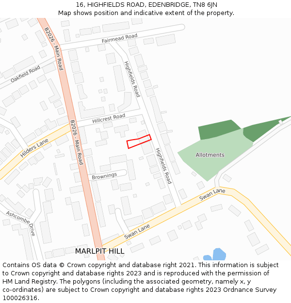 16, HIGHFIELDS ROAD, EDENBRIDGE, TN8 6JN: Location map and indicative extent of plot