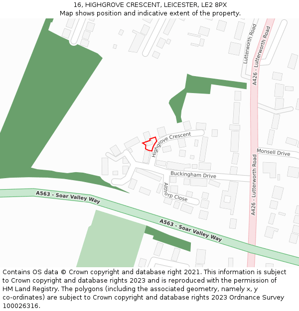 16, HIGHGROVE CRESCENT, LEICESTER, LE2 8PX: Location map and indicative extent of plot
