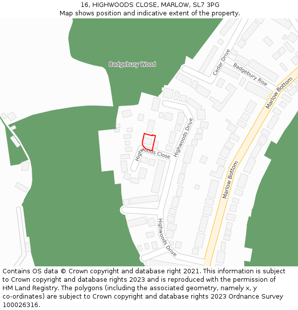 16, HIGHWOODS CLOSE, MARLOW, SL7 3PG: Location map and indicative extent of plot