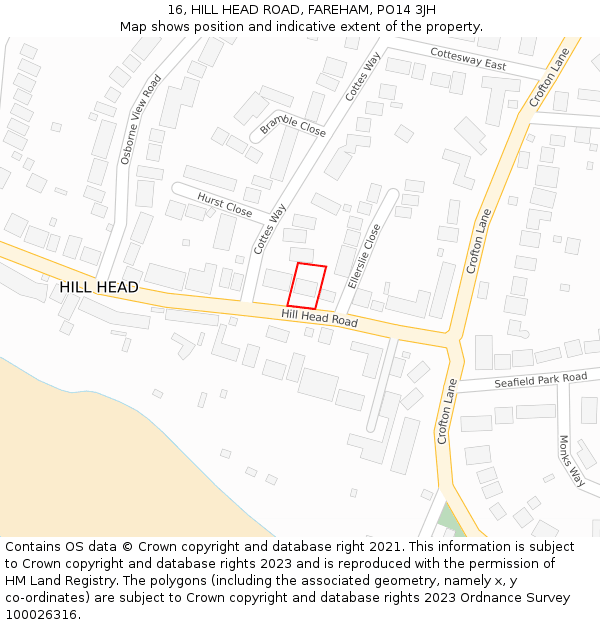16, HILL HEAD ROAD, FAREHAM, PO14 3JH: Location map and indicative extent of plot