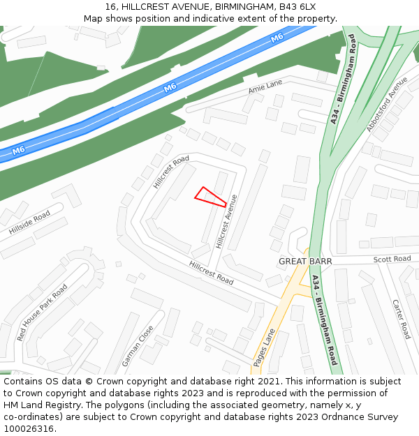 16, HILLCREST AVENUE, BIRMINGHAM, B43 6LX: Location map and indicative extent of plot
