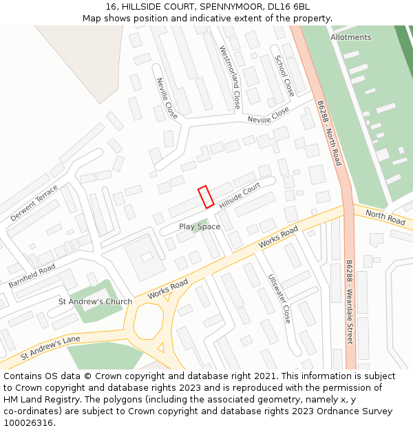 16, HILLSIDE COURT, SPENNYMOOR, DL16 6BL: Location map and indicative extent of plot