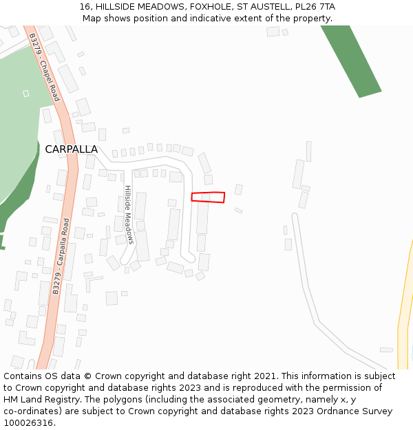 16, HILLSIDE MEADOWS, FOXHOLE, ST AUSTELL, PL26 7TA: Location map and indicative extent of plot