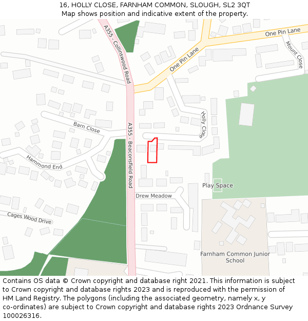 16, HOLLY CLOSE, FARNHAM COMMON, SLOUGH, SL2 3QT: Location map and indicative extent of plot