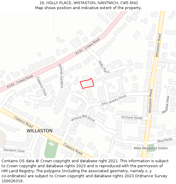 16, HOLLY PLACE, WISTASTON, NANTWICH, CW5 6NG: Location map and indicative extent of plot