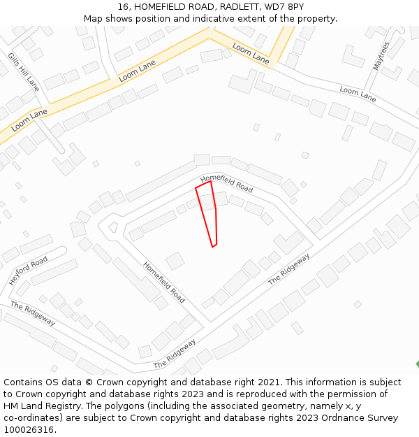 16, HOMEFIELD ROAD, RADLETT, WD7 8PY: Location map and indicative extent of plot