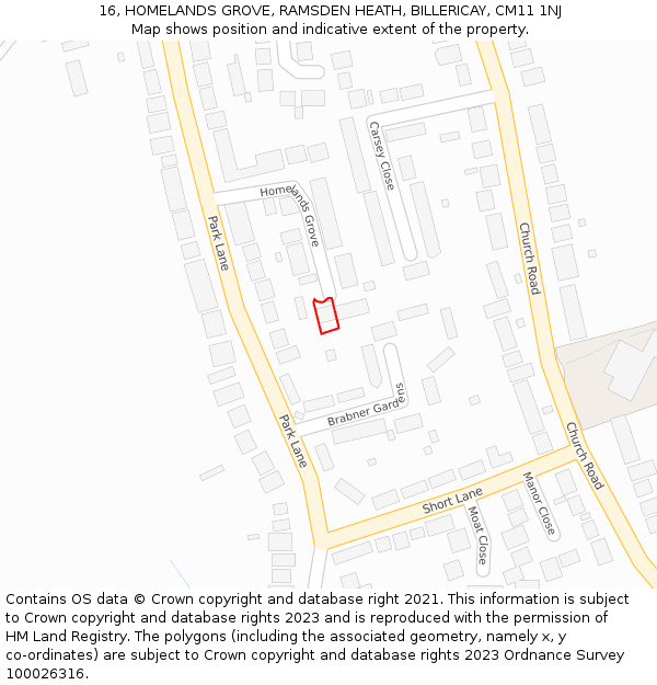 16, HOMELANDS GROVE, RAMSDEN HEATH, BILLERICAY, CM11 1NJ: Location map and indicative extent of plot