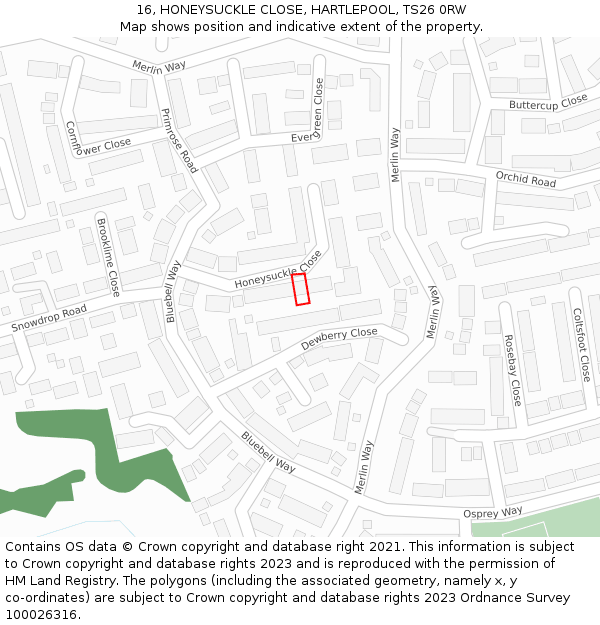 16, HONEYSUCKLE CLOSE, HARTLEPOOL, TS26 0RW: Location map and indicative extent of plot