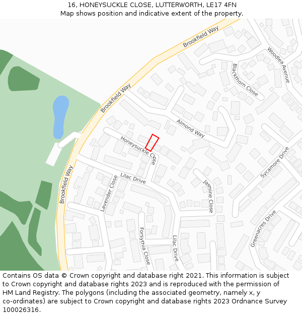 16, HONEYSUCKLE CLOSE, LUTTERWORTH, LE17 4FN: Location map and indicative extent of plot