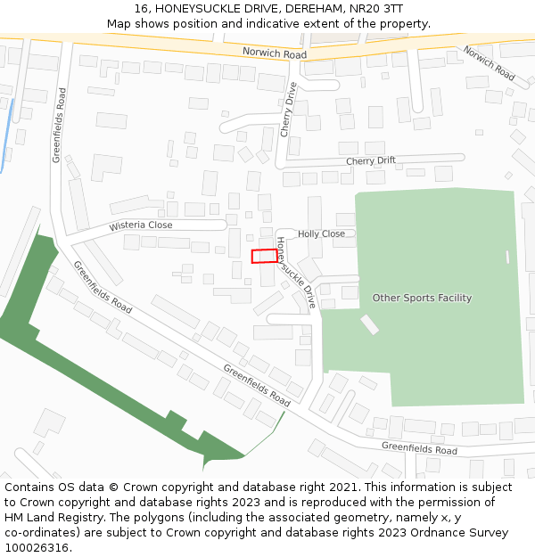 16, HONEYSUCKLE DRIVE, DEREHAM, NR20 3TT: Location map and indicative extent of plot