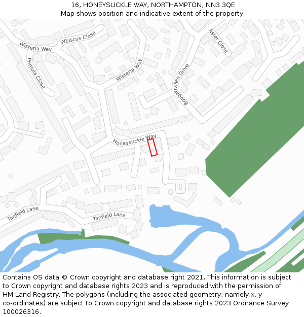 16, HONEYSUCKLE WAY, NORTHAMPTON, NN3 3QE: Location map and indicative extent of plot