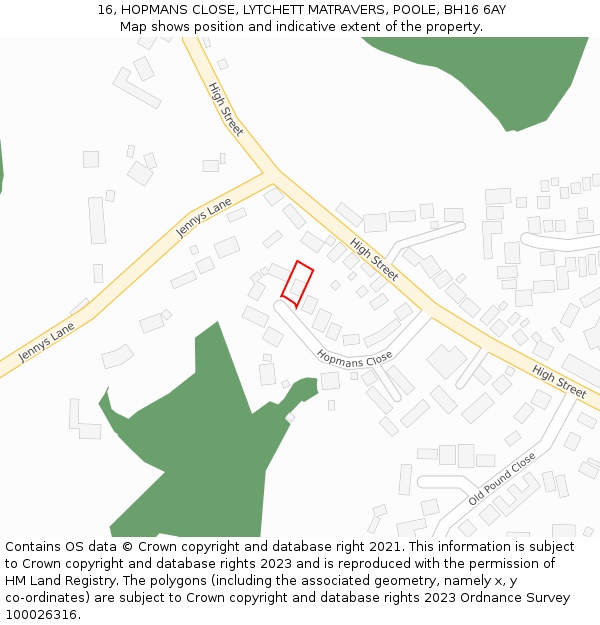 16, HOPMANS CLOSE, LYTCHETT MATRAVERS, POOLE, BH16 6AY: Location map and indicative extent of plot