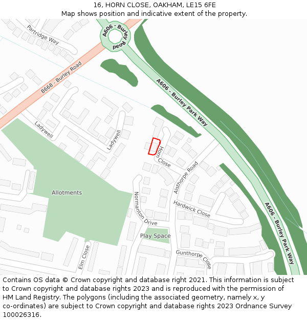 16, HORN CLOSE, OAKHAM, LE15 6FE: Location map and indicative extent of plot