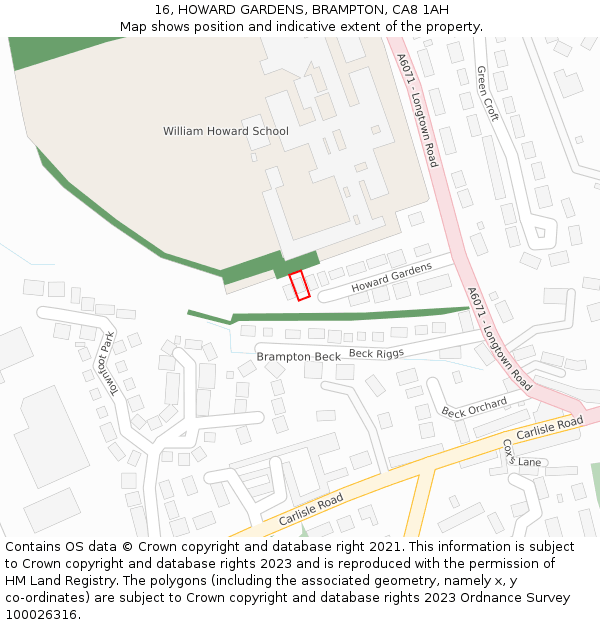 16, HOWARD GARDENS, BRAMPTON, CA8 1AH: Location map and indicative extent of plot