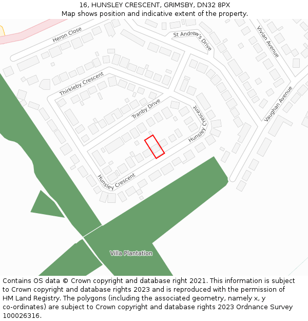 16, HUNSLEY CRESCENT, GRIMSBY, DN32 8PX: Location map and indicative extent of plot