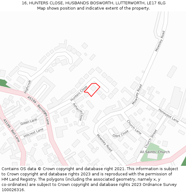 16, HUNTERS CLOSE, HUSBANDS BOSWORTH, LUTTERWORTH, LE17 6LG: Location map and indicative extent of plot