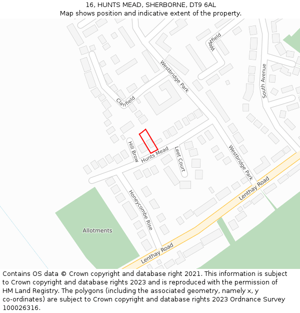 16, HUNTS MEAD, SHERBORNE, DT9 6AL: Location map and indicative extent of plot