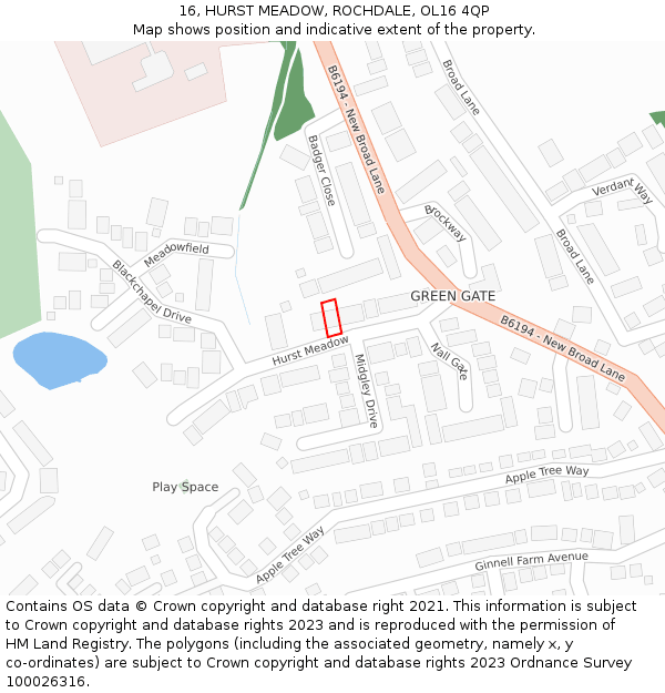 16, HURST MEADOW, ROCHDALE, OL16 4QP: Location map and indicative extent of plot