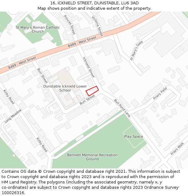 16, ICKNIELD STREET, DUNSTABLE, LU6 3AD: Location map and indicative extent of plot