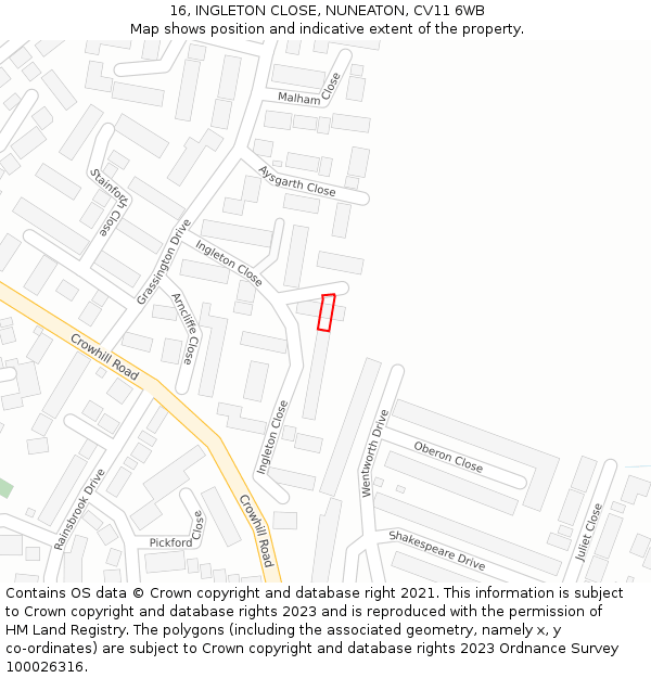 16, INGLETON CLOSE, NUNEATON, CV11 6WB: Location map and indicative extent of plot