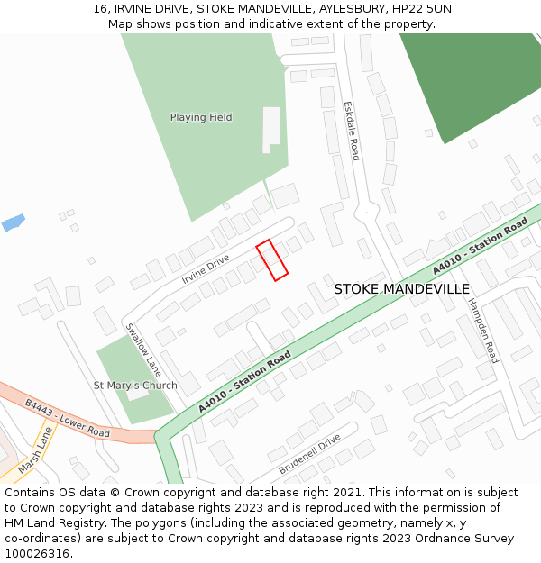 16, IRVINE DRIVE, STOKE MANDEVILLE, AYLESBURY, HP22 5UN: Location map and indicative extent of plot
