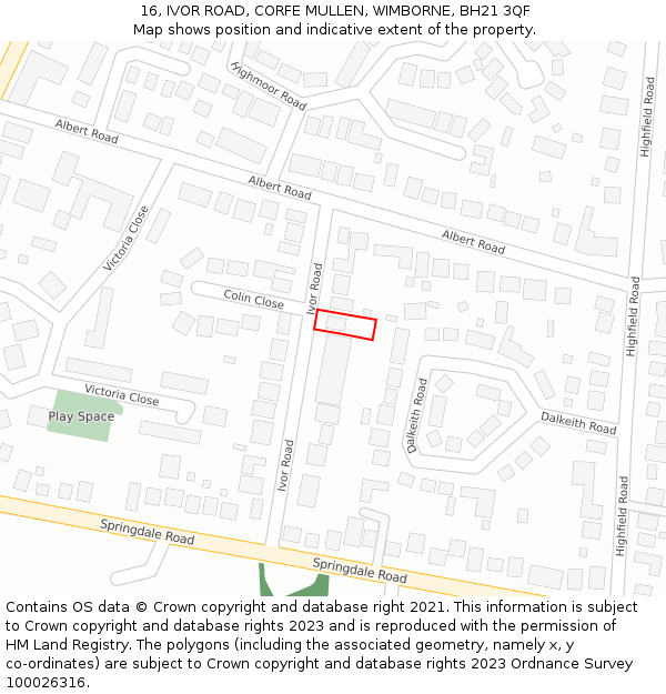 16, IVOR ROAD, CORFE MULLEN, WIMBORNE, BH21 3QF: Location map and indicative extent of plot