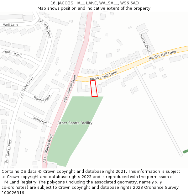 16, JACOBS HALL LANE, WALSALL, WS6 6AD: Location map and indicative extent of plot