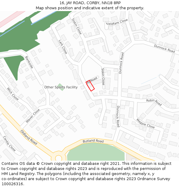 16, JAY ROAD, CORBY, NN18 8RP: Location map and indicative extent of plot