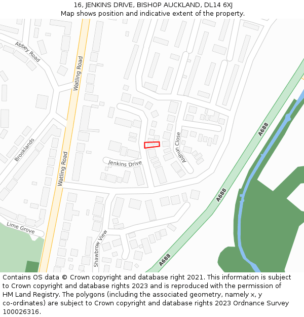 16, JENKINS DRIVE, BISHOP AUCKLAND, DL14 6XJ: Location map and indicative extent of plot
