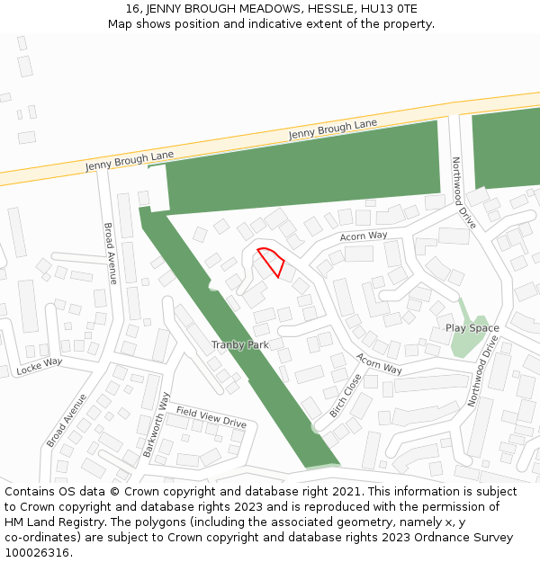 16, JENNY BROUGH MEADOWS, HESSLE, HU13 0TE: Location map and indicative extent of plot