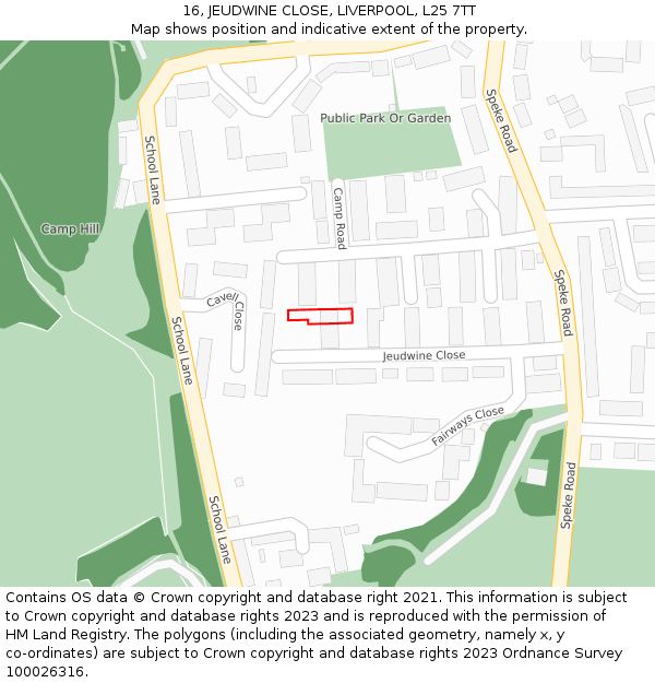 16, JEUDWINE CLOSE, LIVERPOOL, L25 7TT: Location map and indicative extent of plot