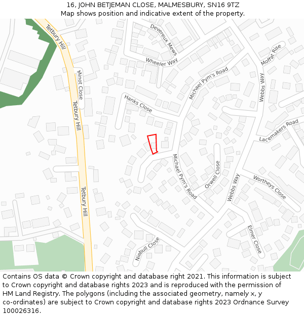 16, JOHN BETJEMAN CLOSE, MALMESBURY, SN16 9TZ: Location map and indicative extent of plot