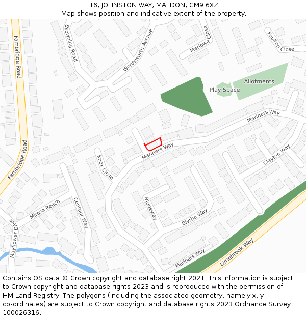 16, JOHNSTON WAY, MALDON, CM9 6XZ: Location map and indicative extent of plot