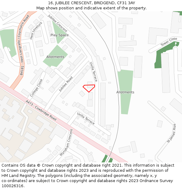 16, JUBILEE CRESCENT, BRIDGEND, CF31 3AY: Location map and indicative extent of plot