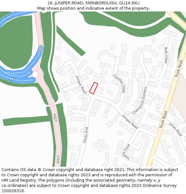 16, JUNIPER ROAD, FARNBOROUGH, GU14 9XU: Location map and indicative extent of plot