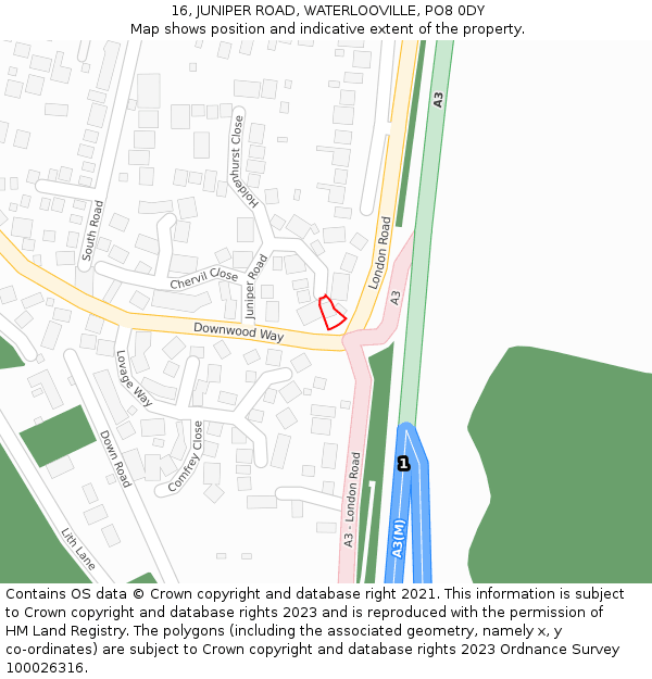 16, JUNIPER ROAD, WATERLOOVILLE, PO8 0DY: Location map and indicative extent of plot