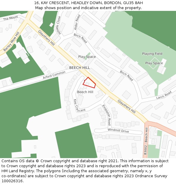 16, KAY CRESCENT, HEADLEY DOWN, BORDON, GU35 8AH: Location map and indicative extent of plot