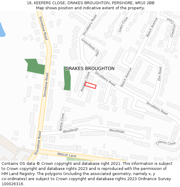 16, KEEPERS CLOSE, DRAKES BROUGHTON, PERSHORE, WR10 2BB: Location map and indicative extent of plot