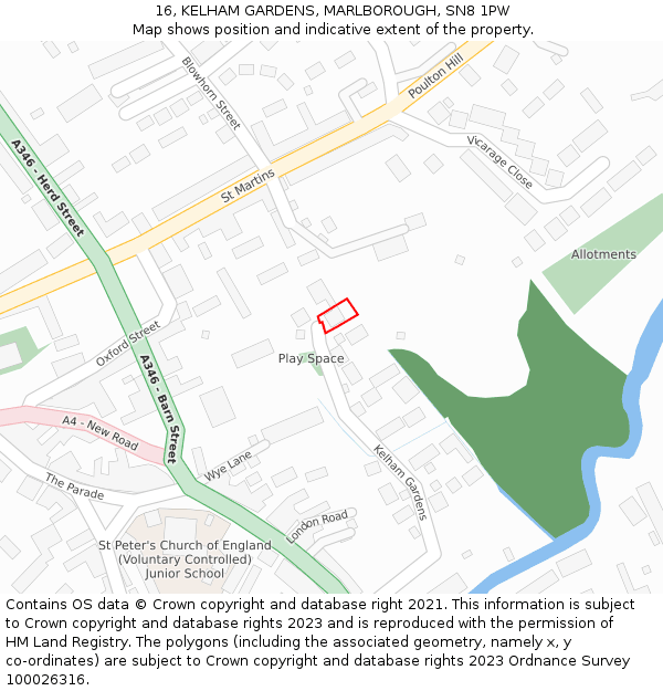 16, KELHAM GARDENS, MARLBOROUGH, SN8 1PW: Location map and indicative extent of plot