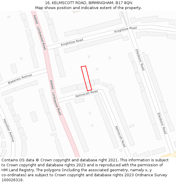 16, KELMSCOTT ROAD, BIRMINGHAM, B17 8QN: Location map and indicative extent of plot