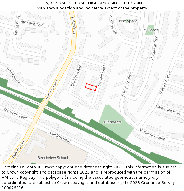 16, KENDALLS CLOSE, HIGH WYCOMBE, HP13 7NN: Location map and indicative extent of plot