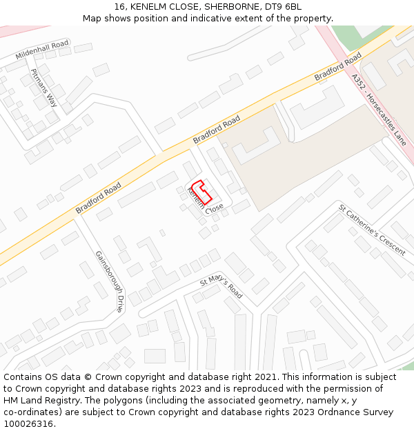 16, KENELM CLOSE, SHERBORNE, DT9 6BL: Location map and indicative extent of plot